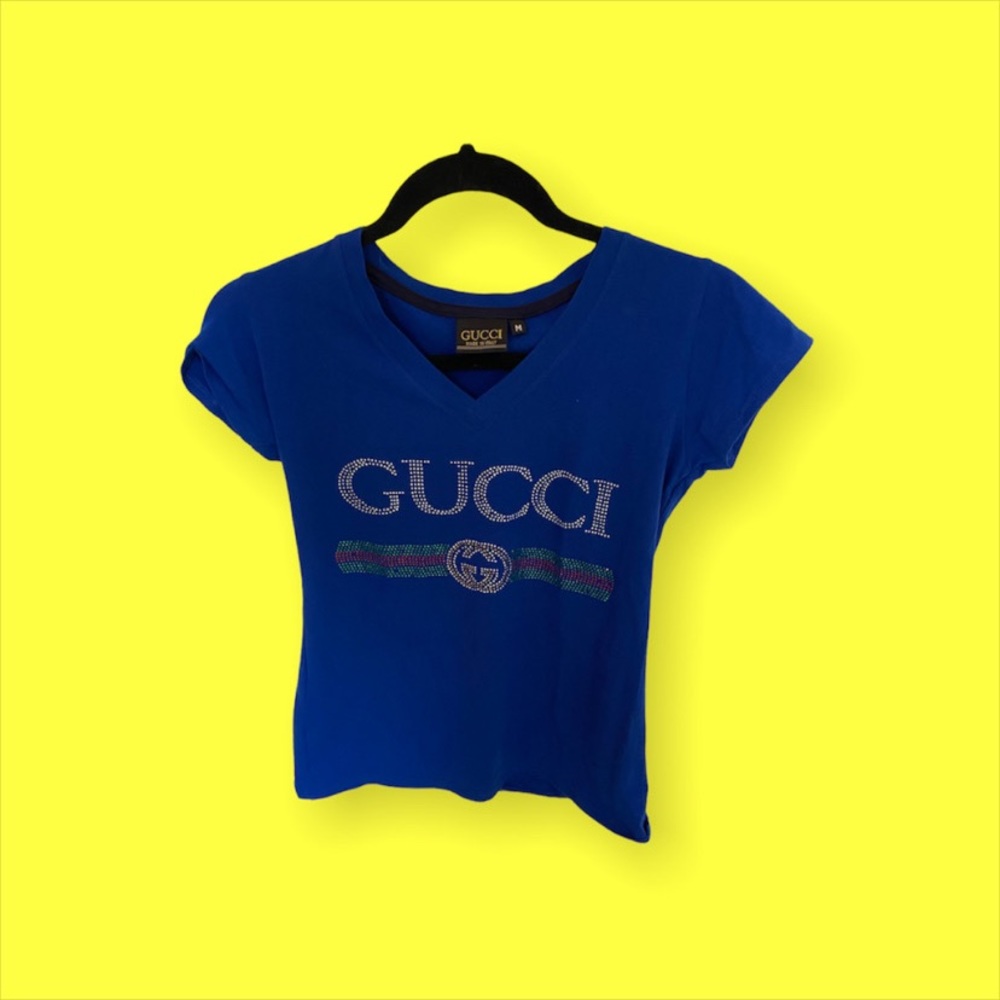 Bedazzled electric blue Gucci shirt